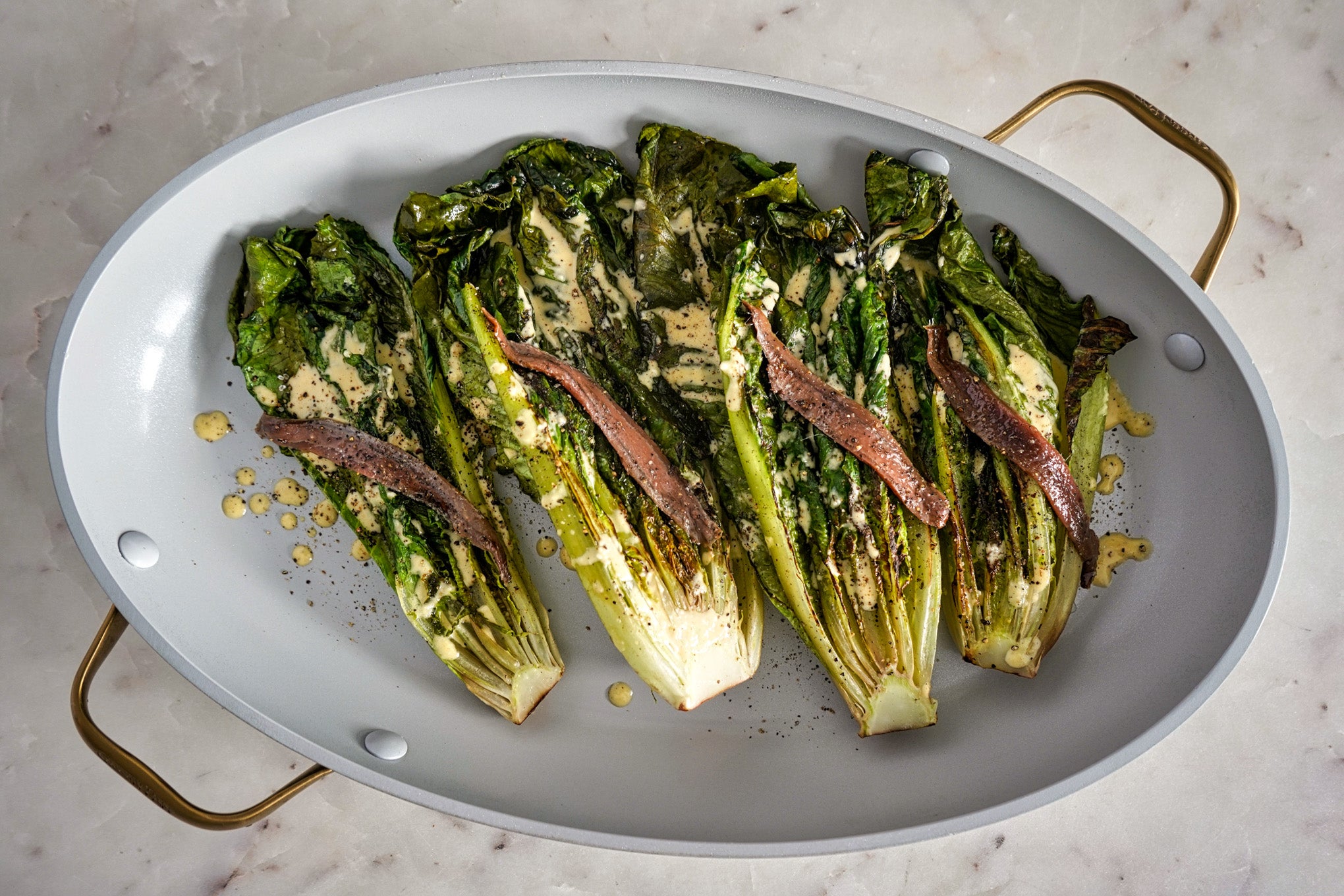 Grilled Romaine Hearts w/ Anchovies