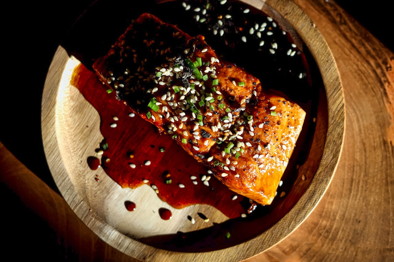 salmon with honey shoyu glaze and furikake
