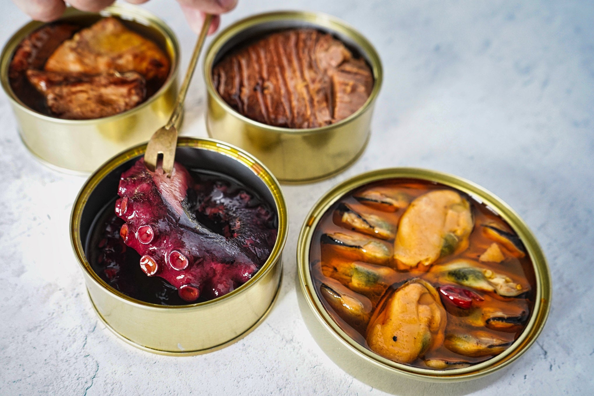 open cans of gueyumar octopus pulpo dark tuna loin, light tuna loin and chargrilled mussels